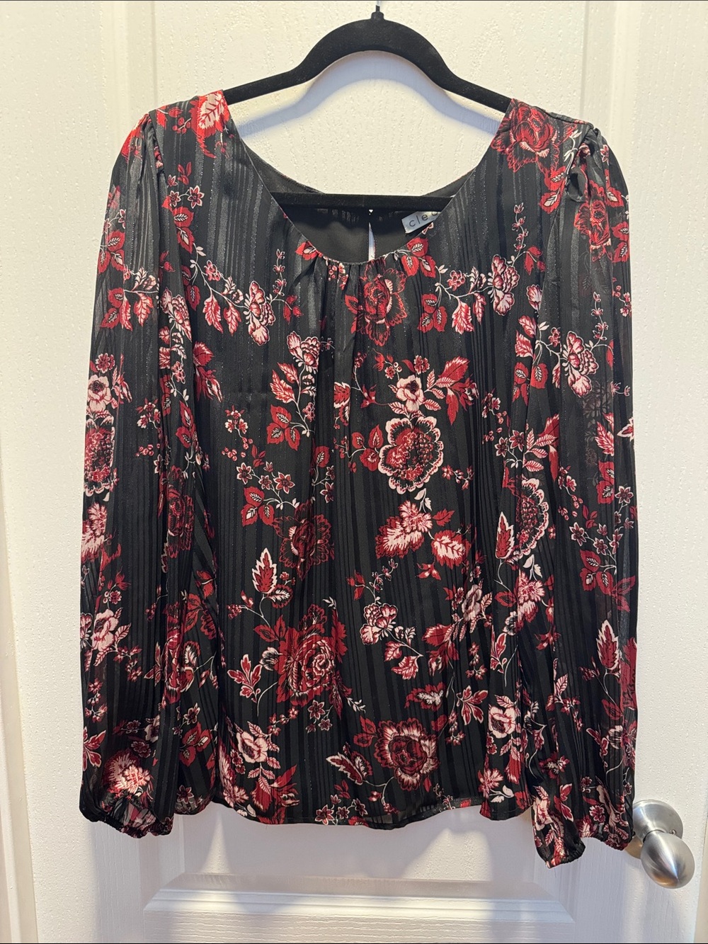 cleo Black Floral Long-Sleeve Pleated Blouse with Red Accents